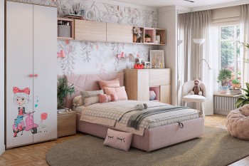 Комплект детской мебели Алина К2 Дуб мария/белый/нежно-розовый велюр в Кедровом - kedrovyi.mebel54.com | фото