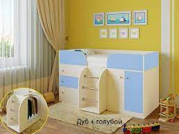 Кровать-чердак Малыш-4 Дуб молочный/Голубой в Кедровом - kedrovyi.mebel54.com | фото