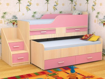 Кровать детская Лесики двухместная 1.8  Дуб молочный/Розовый в Кедровом - kedrovyi.mebel54.com | фото