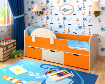 Кровать Малыш-мини с бортиком Дуб молочный/Оранжевый в Кедровом - kedrovyi.mebel54.com | фото