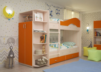 Кровать Мая двухъярусная с ящиками и шкафом Млечный дуб/Оранжевый в Кедровом - kedrovyi.mebel54.com | фото