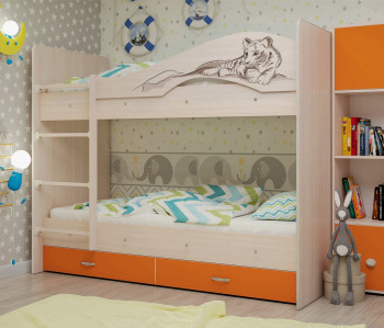 Кровать Мая-Сафари двухъярусная с ящикамиМлечный дуб/Оранжевый в Кедровом - kedrovyi.mebel54.com | фото