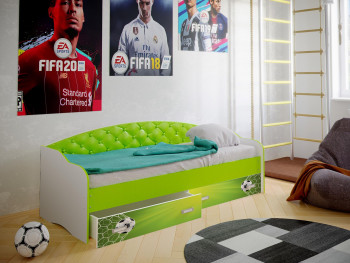 Кровать Софа-8 с мягкой спинкой фотопечать Футбол (900х1900) Белый/Лайм в Кедровом - kedrovyi.mebel54.com | фото