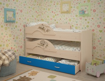 Кровать выкатная Радуга-Сафари детская 1600 Млечный дуб/Голубой в Кедровом - kedrovyi.mebel54.com | фото