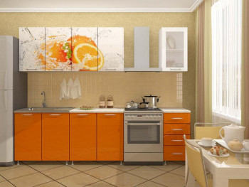 Кухонный гарнитур 1,6м Апельсин (Белый/Оранжевый металлик/Фотопечать апельсин) в Кедровом - kedrovyi.mebel54.com | фото