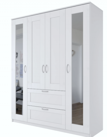 Шкаф четырехдверный Сириус с 2 зеркалами и 2 ящиками белый в Кедровом - kedrovyi.mebel54.com | фото
